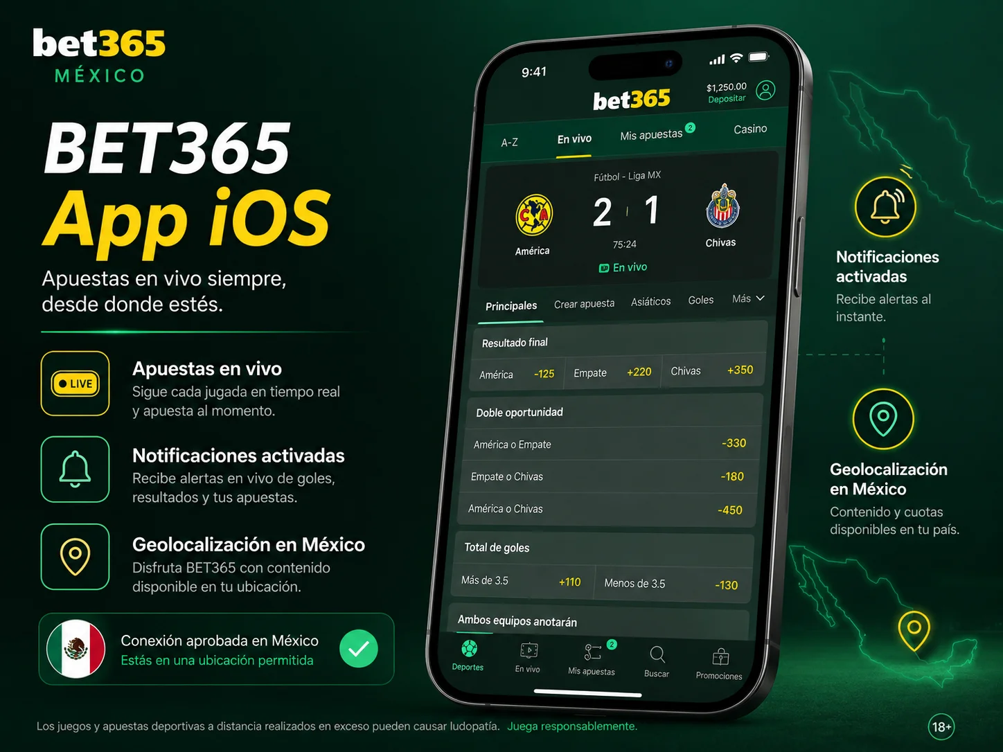 App iOS con apuestas en vivo notificaciones y geolocalización