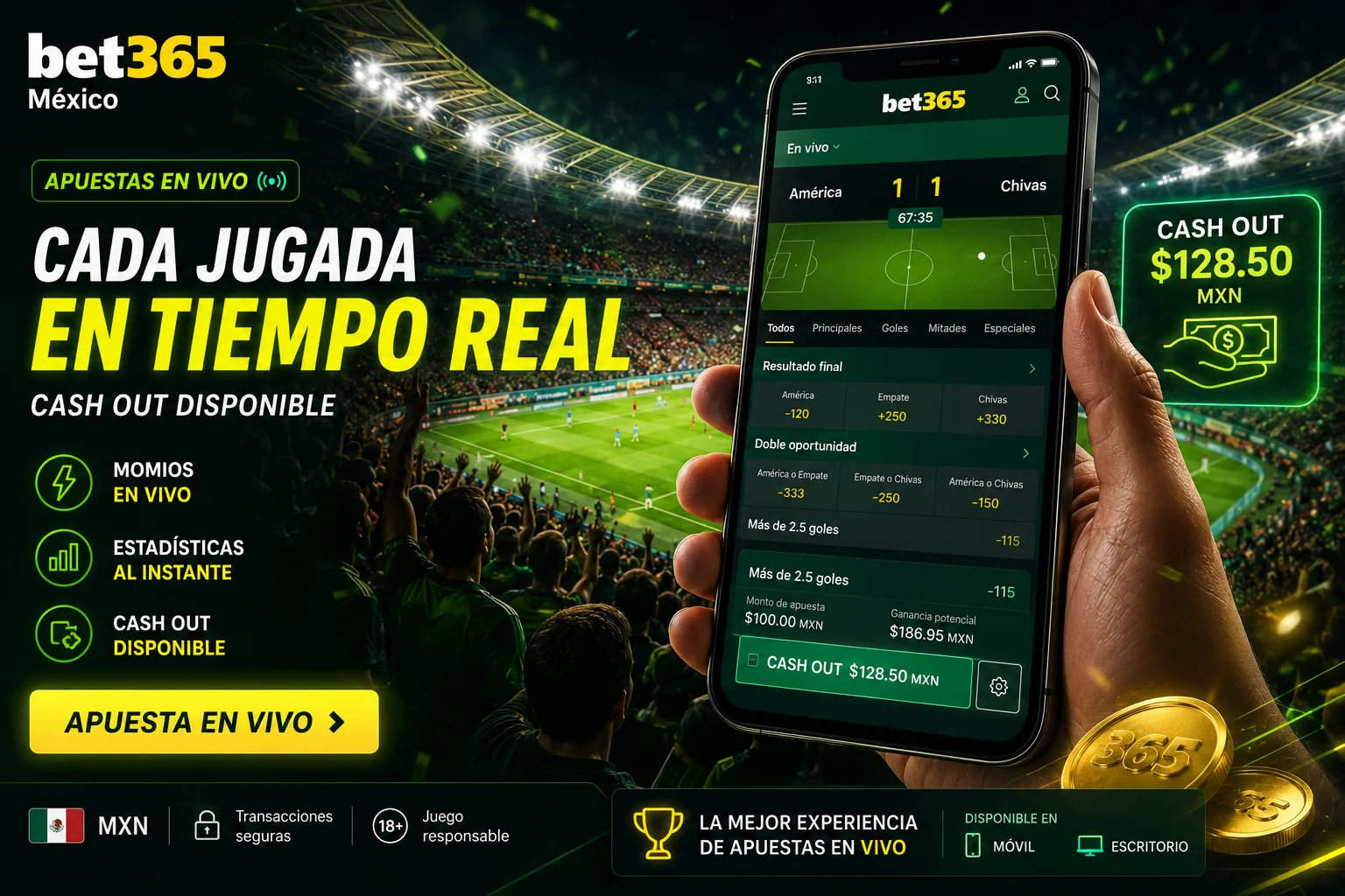 Estadio con app mostrando apuestas en vivo y cash out