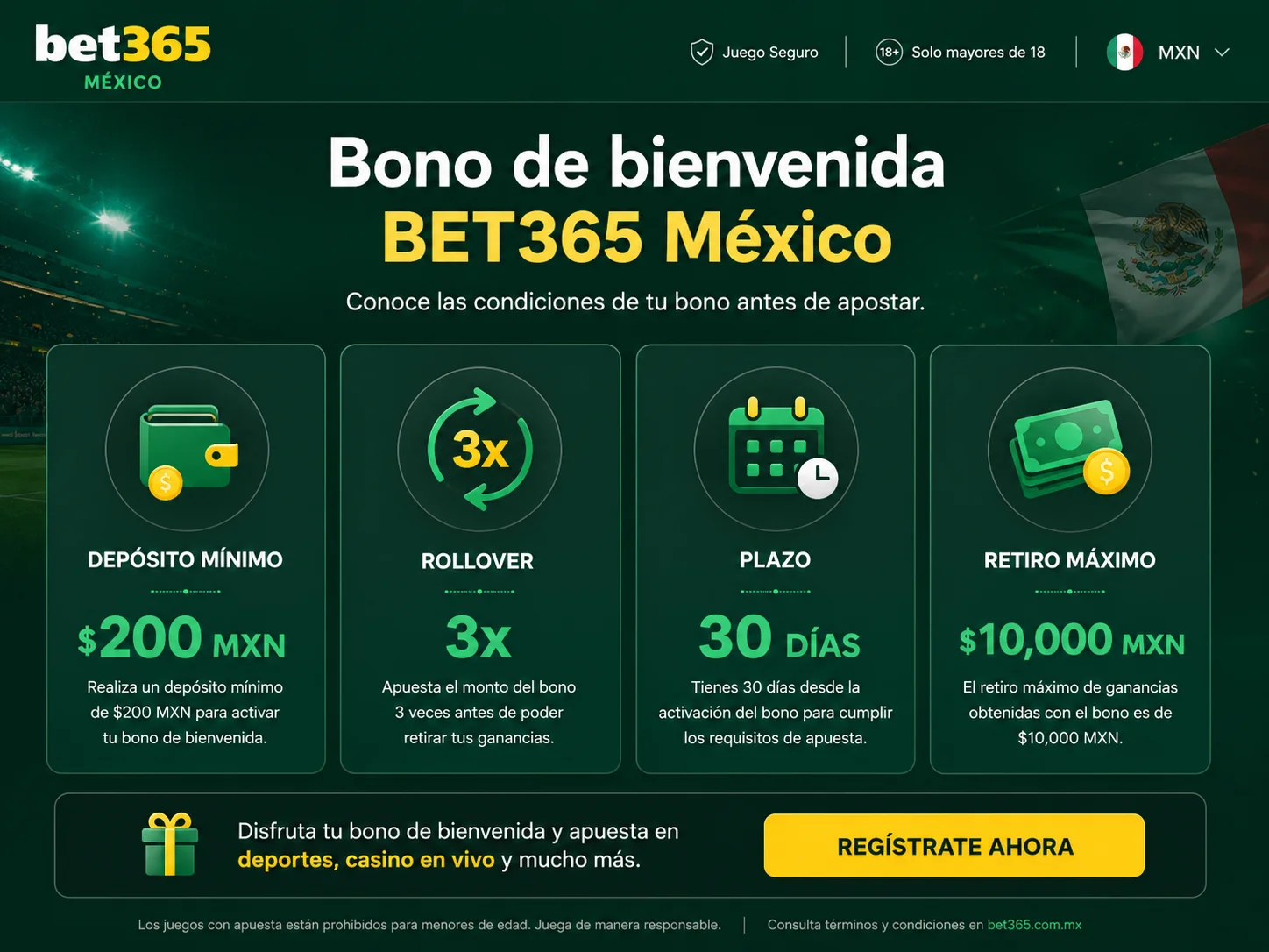 Oferta de bienvenida con tabla de depósito rollover plazo y max cashout
