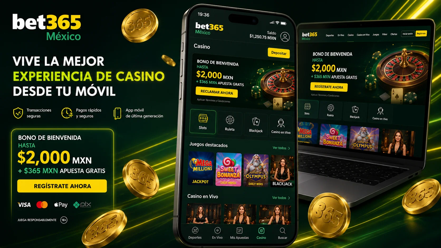Casino móvil en México con juegos, saldo MXN y navegación premium