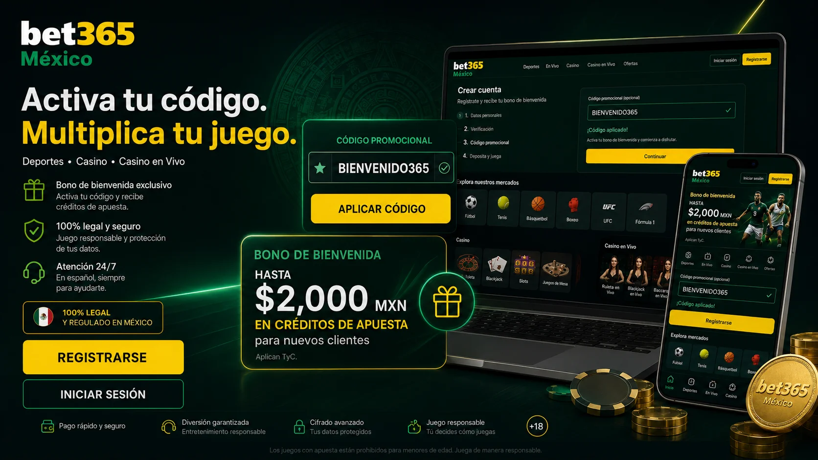 Campo de código promocional Bet365 con bono de bienvenida