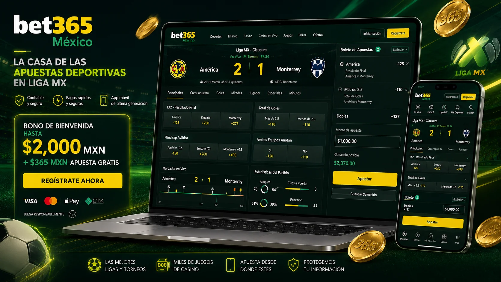 Pantalla de momios Liga MX con aficionados mexicanos y mercados 1X2