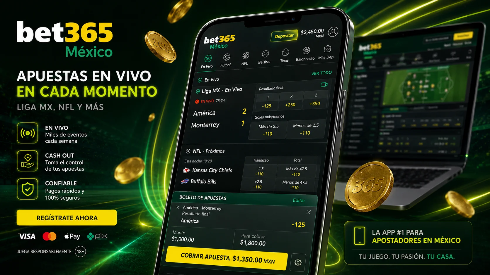 Móvil con app de apuestas en vivo, momios dinámicos y cash out