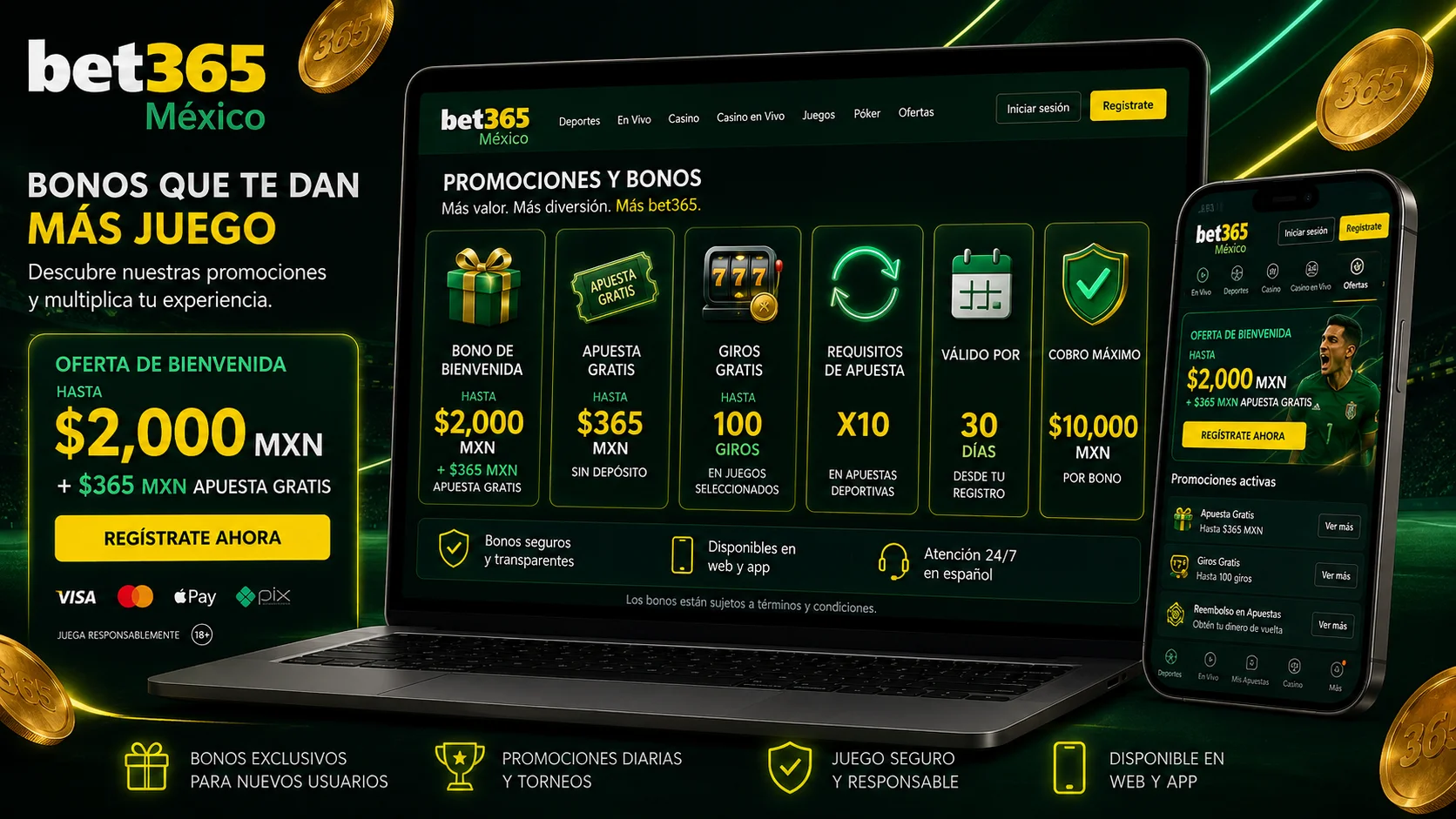 Tarjetas de bonos en pesos mexicanos con rollover y promociones destacadas