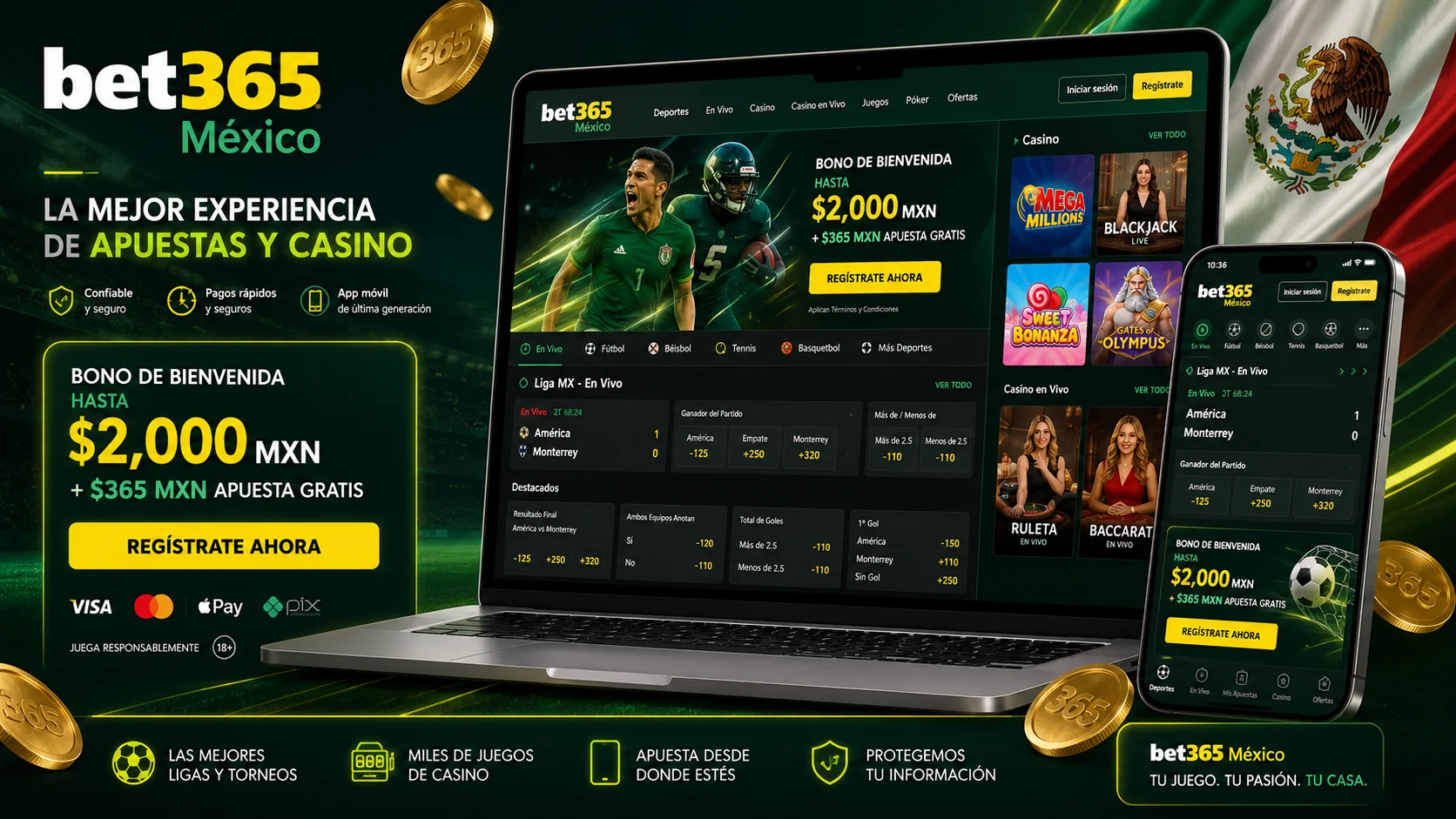 Hero principal: afición mexicana viendo Liga MX con interfaz de apuestas y casino en móvil