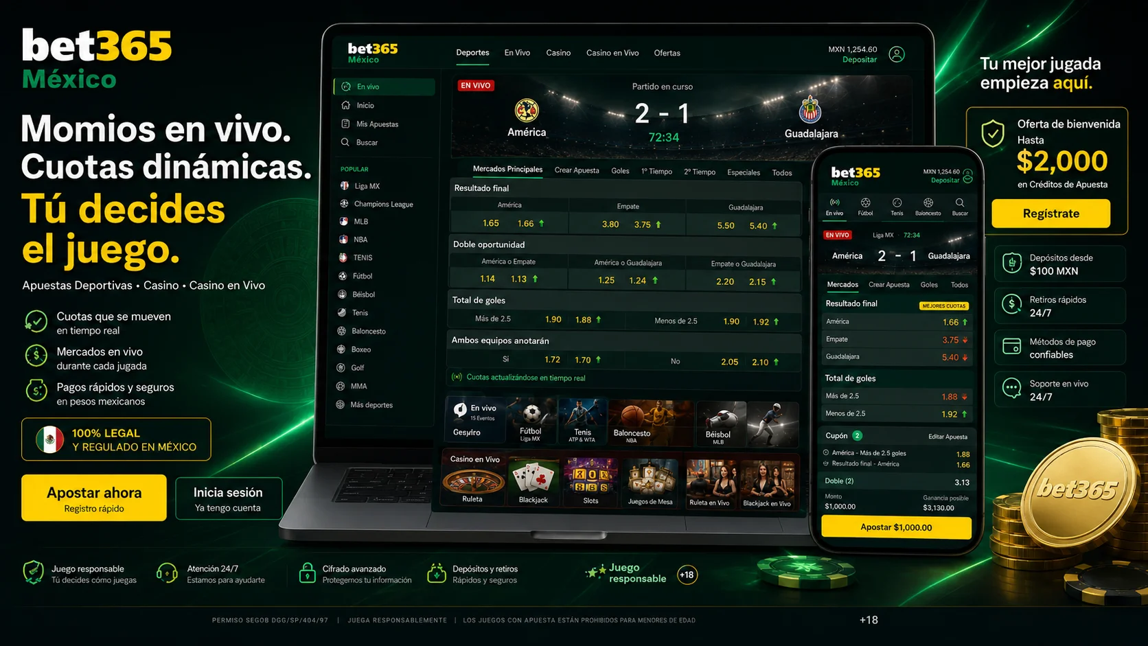 Mercado en vivo con cuotas cambiando durante partido