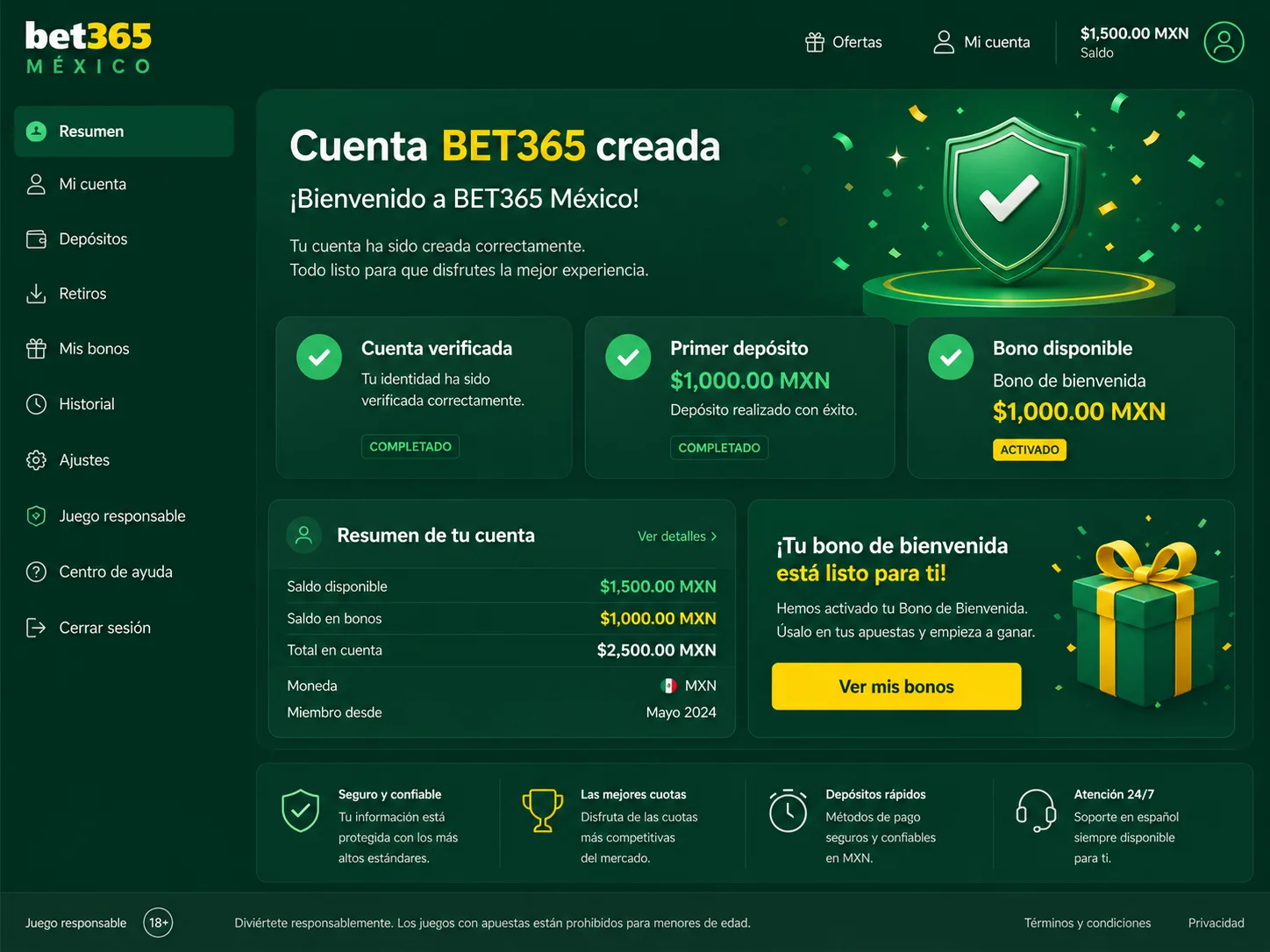 Cuenta creada con bono disponible y primer depósito en MXN