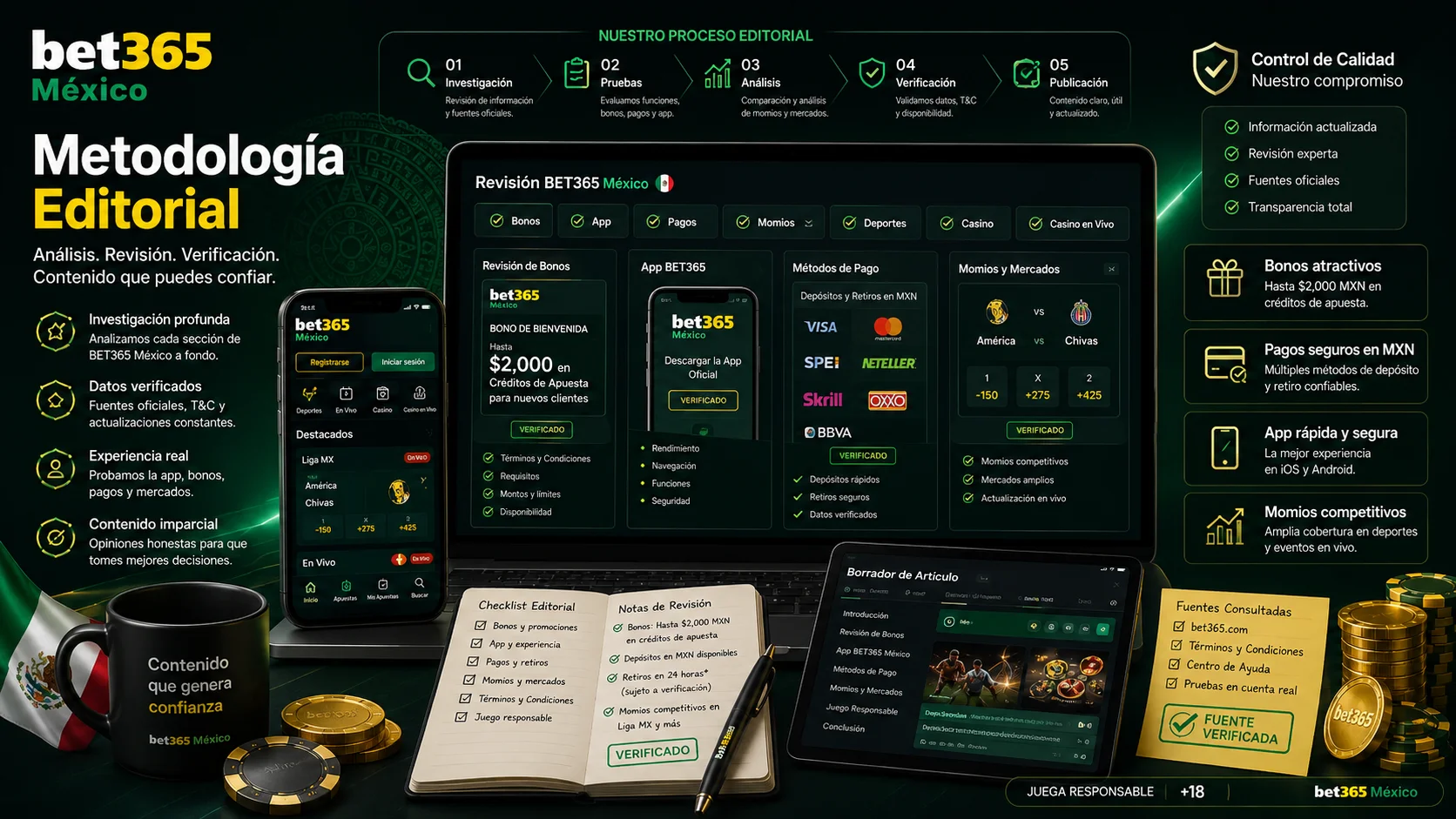 Mesa editorial revisando bonos pagos app y guías de apuestas